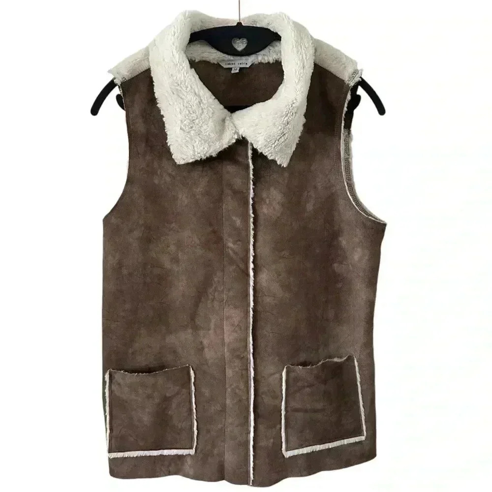 Women’s Brown Soft Faux Fur Lined Boho Western Cowgirl Snap Front Vest‎ Med